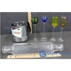 Vintage Triple Screan Sifter, Rolling Pin, (4) Stemware Glasses