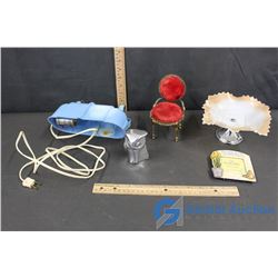 Blue Plastic Headboard Lamp, Candy Dish on Stand, Home Made Victorian Pin Cushion, etc.