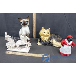 (2) Porcelain Cats, Cast Iron Aunt Jemima Piggy Bank, Greek/Roman Chariot Racer Carving