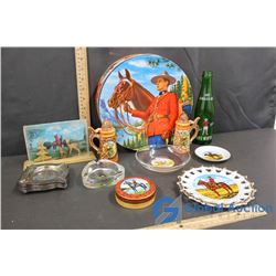 RCMP Cookie Tin, Ash Trays, Salt and Papper, Candy Tin, Canada Dry Bottle, etc.