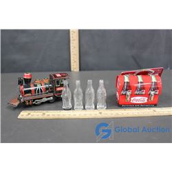 Mini Coke Bottles, Tin Train (Needs Battery), and Mini Coke Lunch Box Ornament