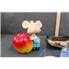 Image 3 : Bobble Head Mouse With Apple Coin Bank, Wedwood Plates (2) and Table Light, (2) Decorative Plates
