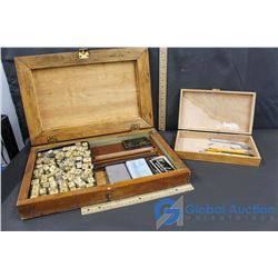 Letter Stamps, Stamp Pads, Pens and Pencils W/ Wooden Boxes