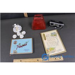 Cowbell, Players Tin, Tasco Handheld Binoculars, Miniature Tea Set