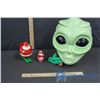 Image 1 : Plastic Santa Clause (2), Green Plastic Motorcycle Toy and Alien Pops Head