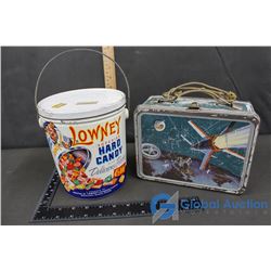 Vintage Space Themed Tin Thermos Lunchbox and Lowney Hard Candy Tin