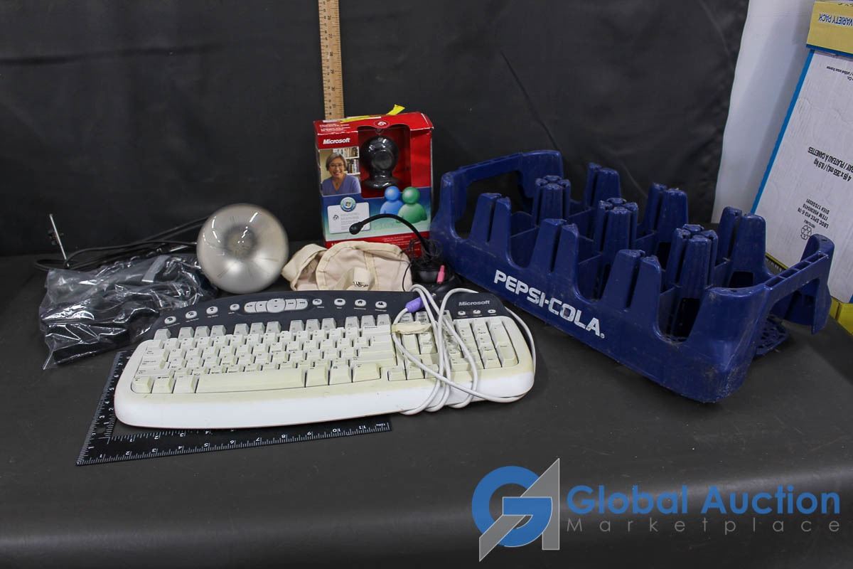 Pepsi Cola Plastic Crate, Microsoft Web Cam, Desk Mike, Keyboard, etc.