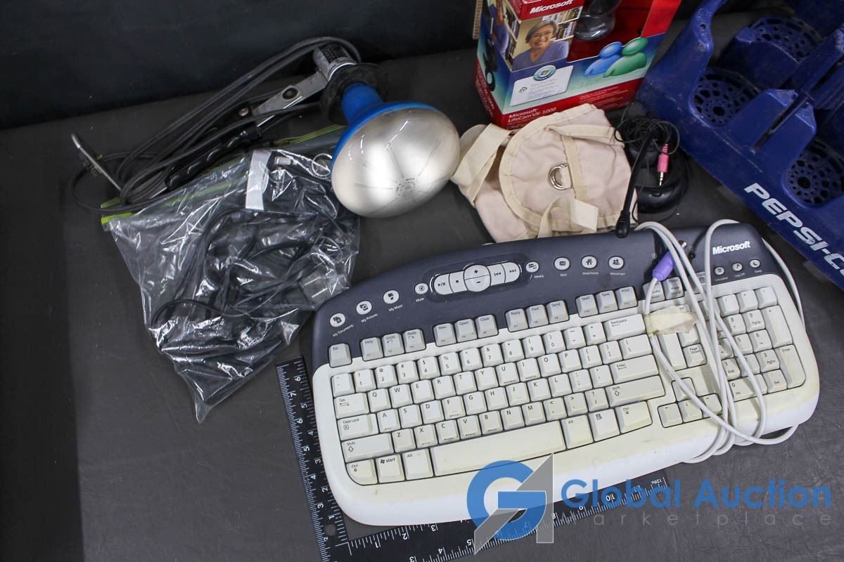 Pepsi Cola Plastic Crate, Microsoft Web Cam, Desk Mike, Keyboard, etc.