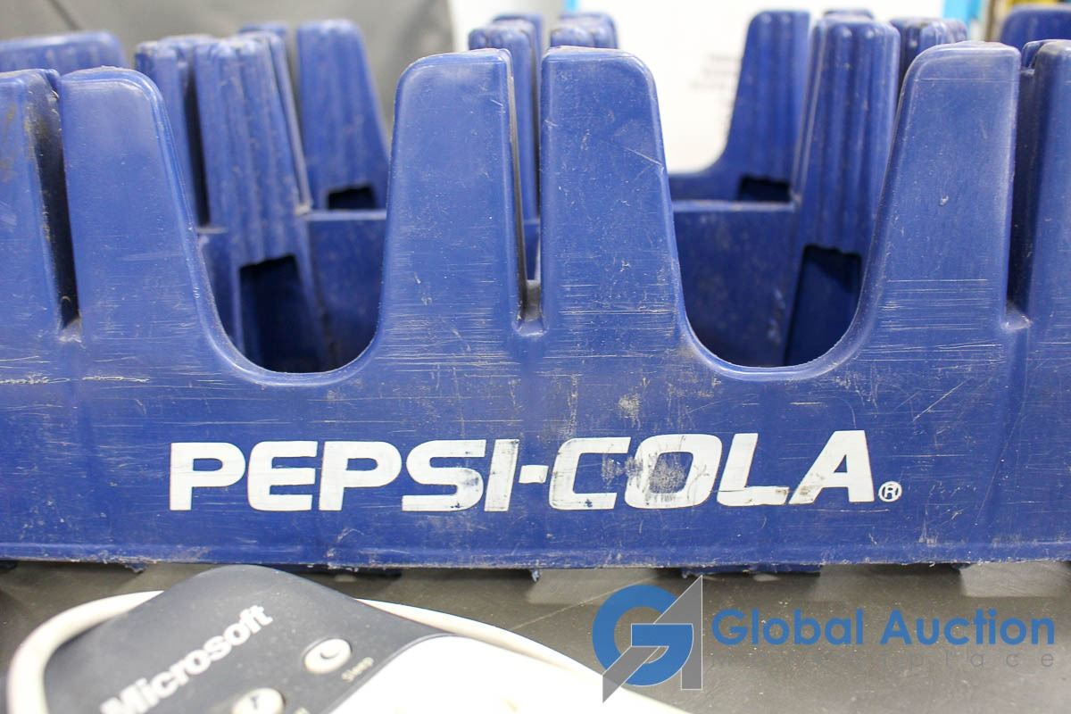 Pepsi Cola Plastic Crate, Microsoft Web Cam, Desk Mike, Keyboard, etc.