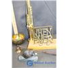 Image 5 : Misc. Brass Decor: Coin Bank Counter, Bell, Mini Bathtub, "Whatever" Sign