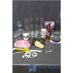 Assorted Glasses, Cosmetic, Cups and Miscellaneous Items