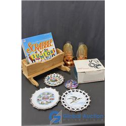 (2) Candle Lanterns, Decorative Plates, Scrabble Game and Sony Headphones