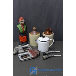 (2) Crocks, (2)Dover Gas Nozzle, Enamel Tea Pot and Statue