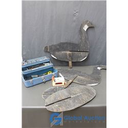 Tool Box With Contents, (2) Wooden Duck Decoys, and a Match Box Holder
