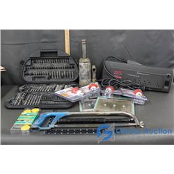 Bottle Jack, Handsaw, Drill Bit Set (Incomplete), Light Switch Plates, Power Bar, etc