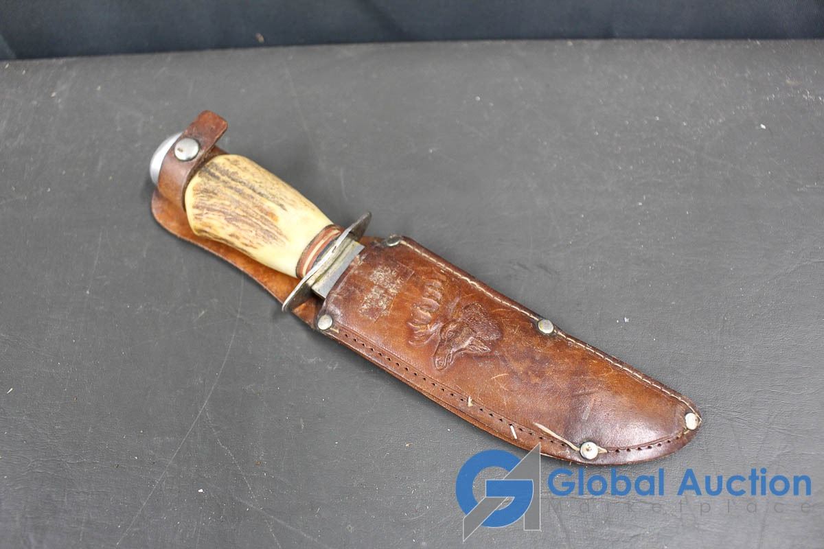 Vintage Bone Handled Knife w/5" Blade & Leather Sheath