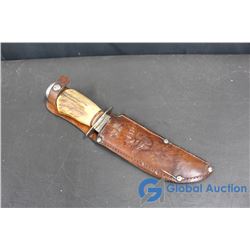 Vintage Bone Handled Knife w/5" Blade & Leather Sheath
