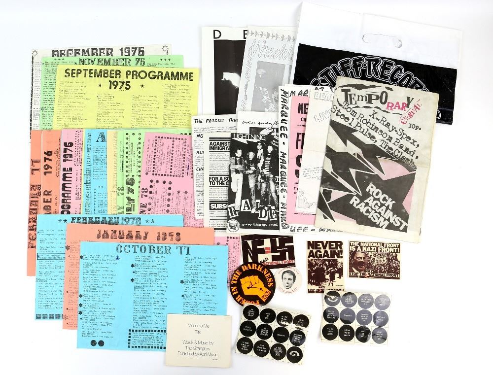 PUNK ephemera including an original Stiff Records bag and DIY badges ...