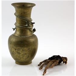 Hercules / Xena - Brass dragon vase and Horde skeleton hand from the fantasy series, 25cm high.