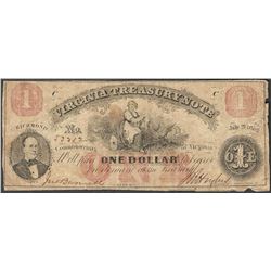 1862 $1 Virginia Treasury Obsolete Note