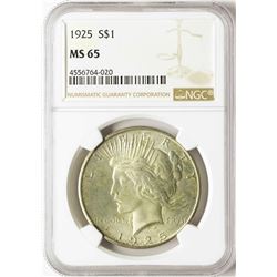 1925 $1 Peace Silver Dollar Coin NGC MS65