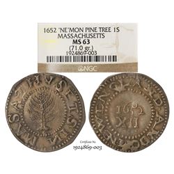 1652 NE Mon Pine Tree Massachusetts 1 Shilling Colonial Coin NGC MS63