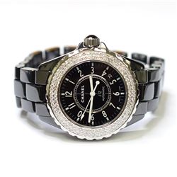 Chanel Ladies J12 Ceramic & Stainless Steel 33mm Black Diamond Dial Watch