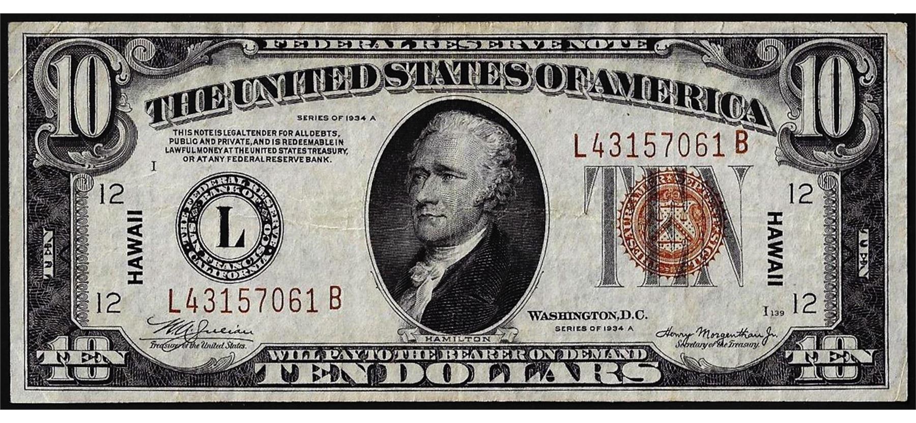 1934A $10 Federal Reserve WWII Emergency Hawaii Note