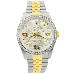 Rolex Ladies Datejust 18KT Yellow Gold & Steel 36mm Silver Floral Dial Watch