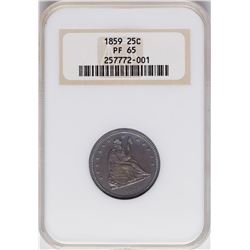 1859 Proof Seated Liberty Quarter Coin NGC PF65 Old Fatty Holder