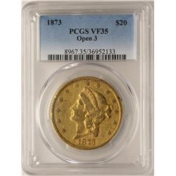 1873 Open 3 $20 Liberty Head Double Eagle Gold Coin PCGS VF35