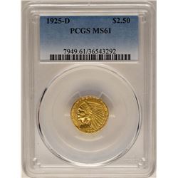 1925-D $2 1/2 Indian Head Quarter Eagle Gold Coin PCGS MS61