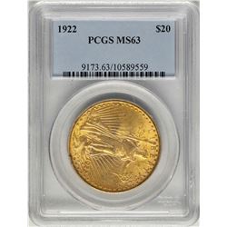 1922 $20 St. Gaudens Double Eagle Gold Coin PCGS MS63