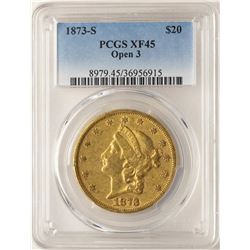 1873-S Open 3 $20 Liberty Head Double Eagle Gold Coin PCGS XF45