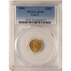 1854 Type 2 $1 Indian Princess Head Gold Dollar Coin NGC PCGS AU53