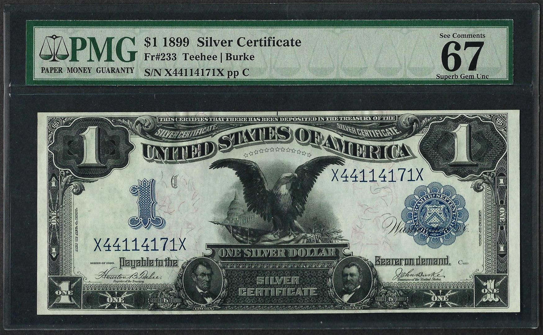 1899 $1 Black Eagle Silver Certificate Note Fr 233 PMG Superb Gem Unc 1899 $1 Black Eagle Silver Certificate Note Fr 233 PMG Superb Gem Unc