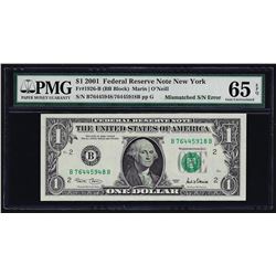 2001 $1 Federal Reserve Note Mismatched Serial Number ERROR PMG Gem Unc. 65EPQ