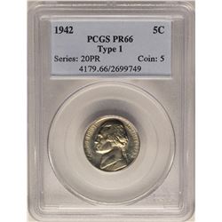 1942 Type 1 Proof Jefferson Nickel Coin PCGS PR66