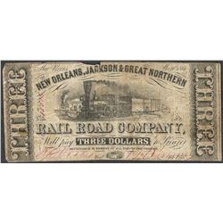 1861 $3 New Orleans, Jackson & Great Northern Rail Road Company Obsolete Note