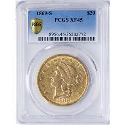 1869-S $20 Liberty Head Double Eagle Gold Coin PCGS XF45