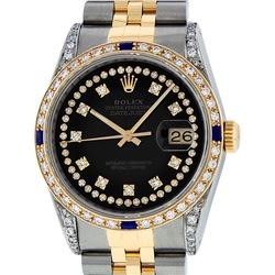 Rolex Mens Two Tone 14K Black Diamond String Lugs & Sapphire Datejust Wristwatch