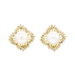 14KT Yellow Gold 0.50 ctw Diamond and Pearl Square Clip Earrings