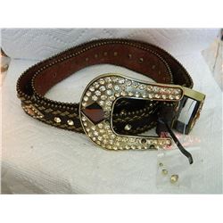 BELT - GENUINE LEATHER - WITH RHINESTONES - 38" - BAG OF EXTRA ROUND RHINESTONES - MISSING 1 DIAMOND