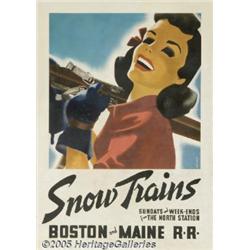 C1946 SNOW TRAIN SKI POSTER BOSTON&MAINE RAILROAD