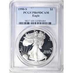 1990-S AMERICAN SILVER EAGLE, PCGS PR-69 DCAM