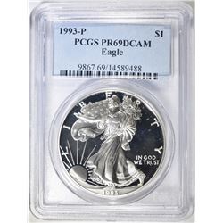 1993-P AMERICAN SILVER EAGLE, PCGS PR-69 DCAM