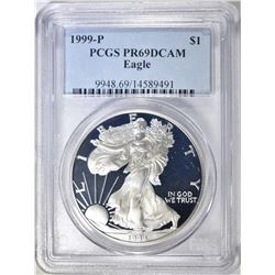 1999-P AMERICAN SILVER EAGLE, PCGS PR-69 DCAM
