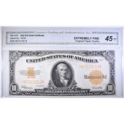 1922 $10 GC CGA EXTREMELY FINE OPQ