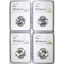 4-1964 WASHINGTON QUARTERS, NGC MS-65