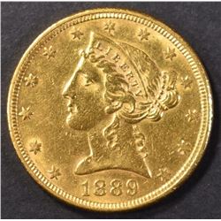 1889 GOLD $5 LIBERTY HEAD CH BU  MOTTO ABOVE EAGLE